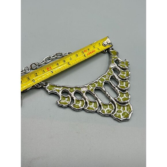 Vintage Signed JOMAZ Necklace Silver Tone & Green Enamel Statement Abstract Bib - Picture 11 of 13